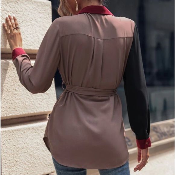 Color Block Belted Tunic Button Down Shirt Top Blouse - Picture 3 of 4
